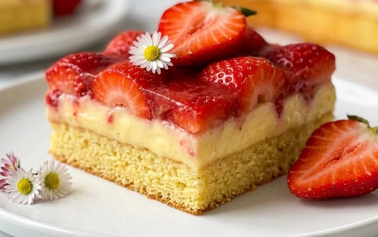 Erdbeerkuchen vom Blech mit Pudding